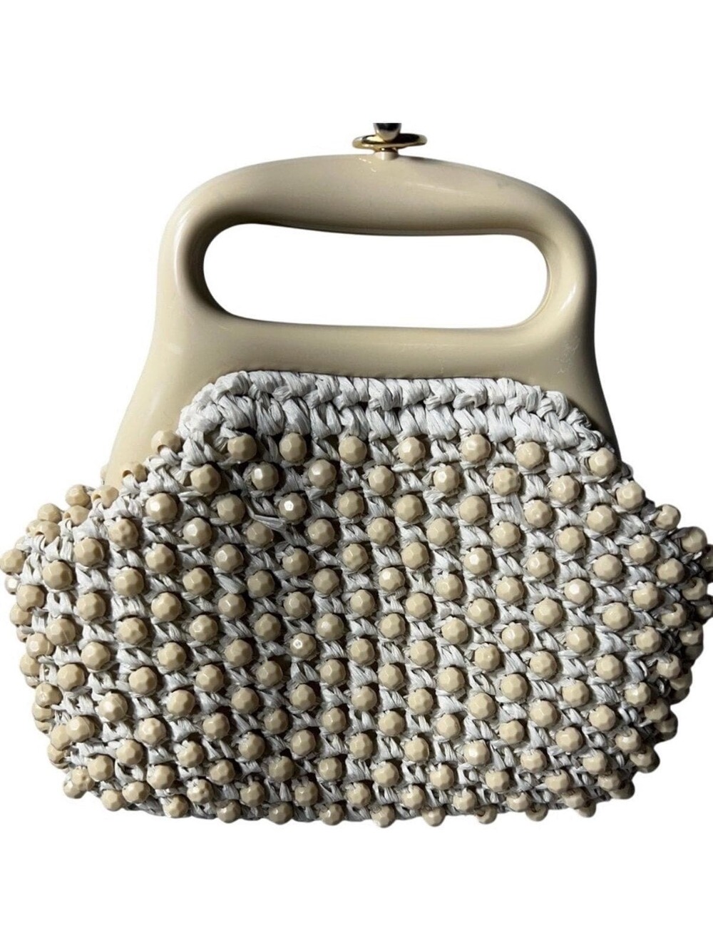 Vintage 1960s Beaded Clutch Bag | Cream Acrylic Handle Woven Evening Purse